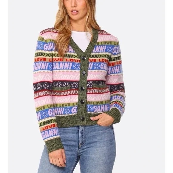 Ganni Multicolor Graphic Knit Cardigan Sweater large - Picture 2 of 7